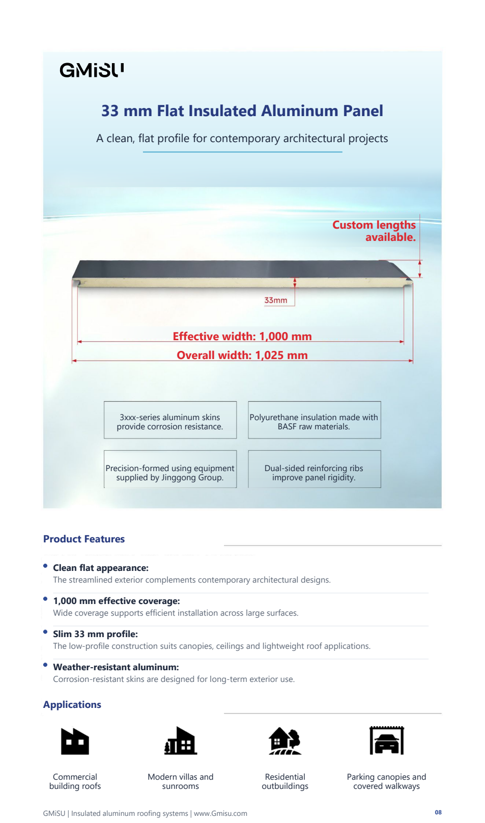 Full catalogue specification for 33 mm Flat Insulated Aluminum Panel