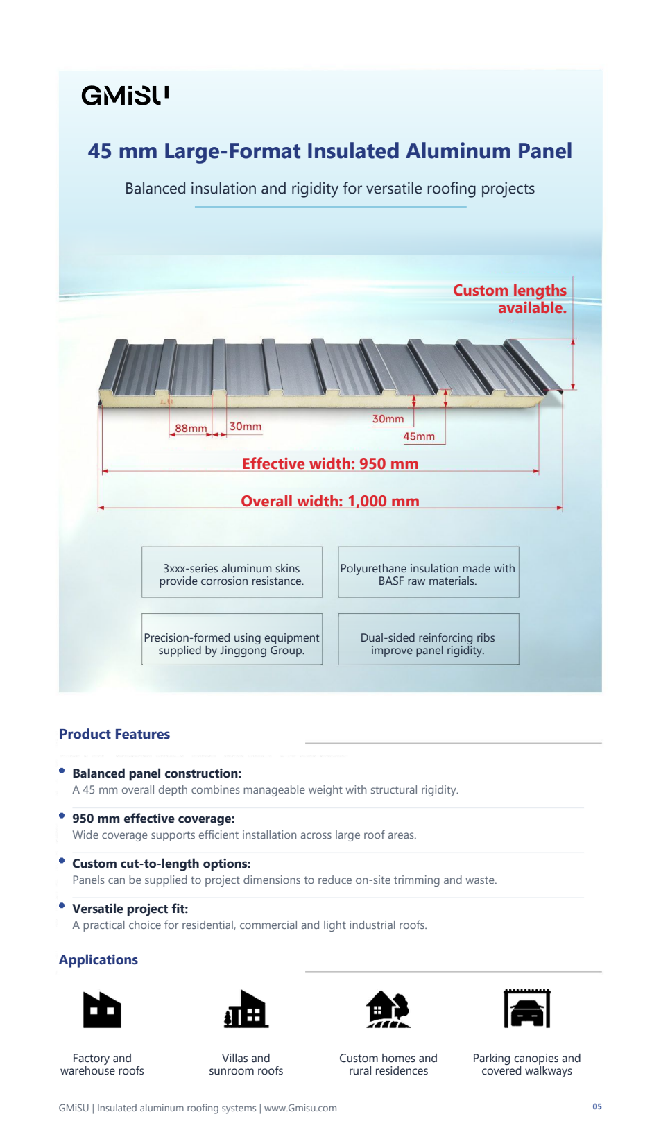 Full catalogue specification for 45 mm Large-Format Insulated Aluminum Panel